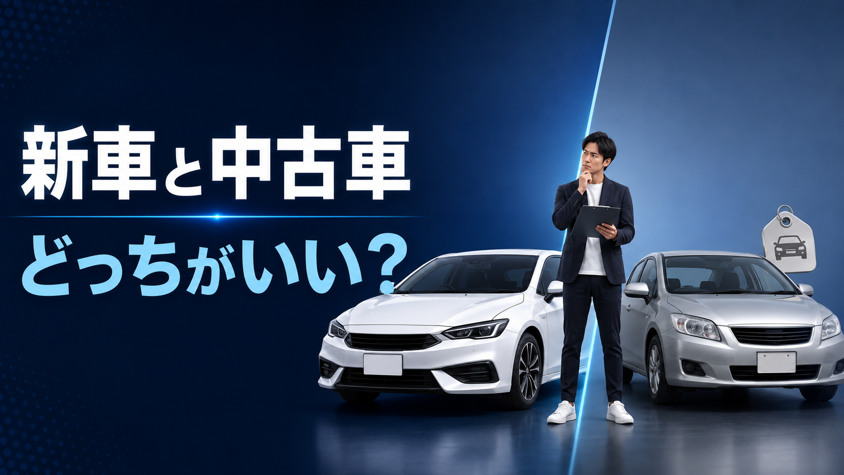 新車と中古車を比較して選ぶ男女と2台の車